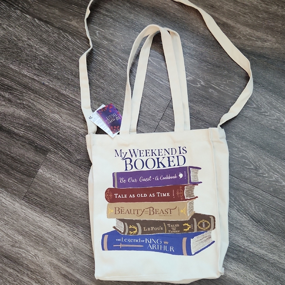 Cream Canvas Beauty And The Beast Tote Bag with Book Design And Crossbody Strap